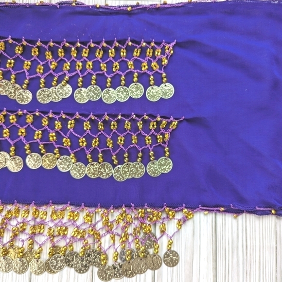 Chiffon Beaded Three Row Coin Festival Belt Scarf Wrap in Purple and Gold - Picture 9 of 14